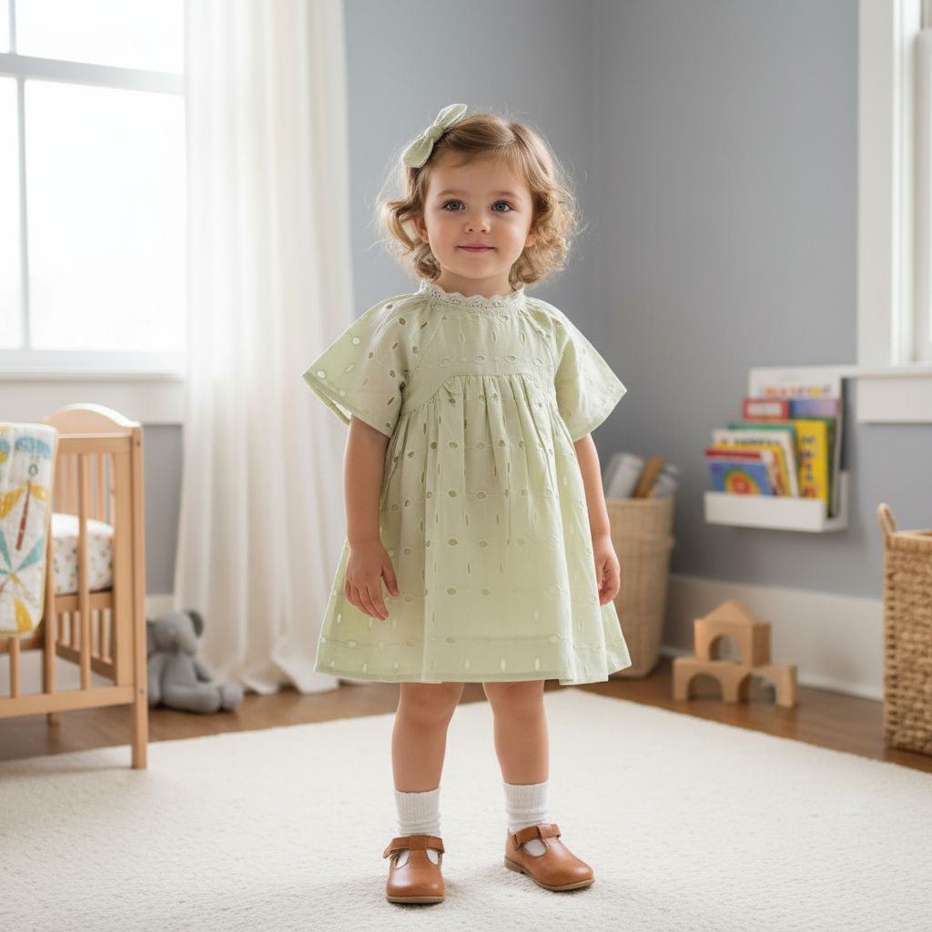 ​Pastel Green Cotton Eyelet Frock