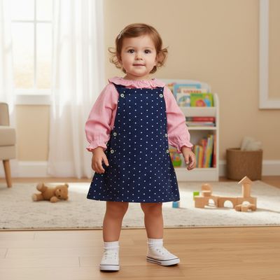 Navy Blue Polka Dot Cotton Cotra Dungaree