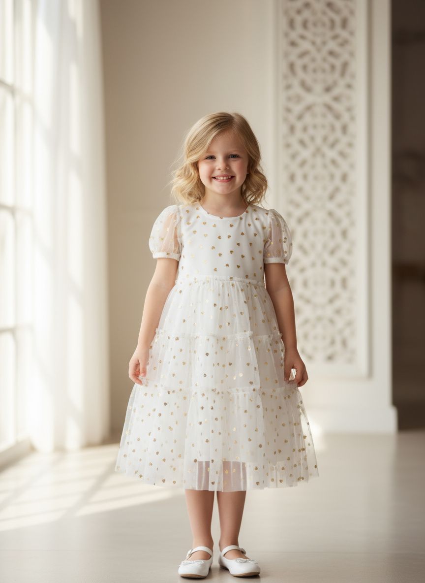 ​White &amp; Gold Layered Net Party Frock