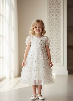 ​White &amp; Gold Layered Net Party Frock