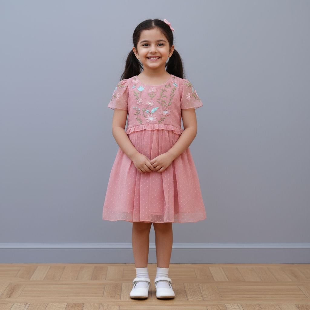 ​Peach Embroidered Net Party Frock for Baby Girls