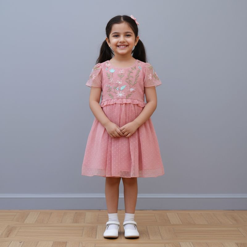 ​Peach Embroidered Net Party Frock for Baby Girls