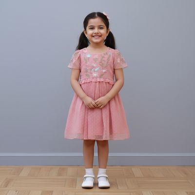 ​Peach Embroidered Net Party Frock for Baby Girls