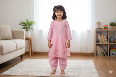 Peach Pink Embroidered Cotton Frock with payjama
