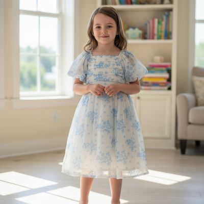 ​Blue Floral Printed Organza party Frock