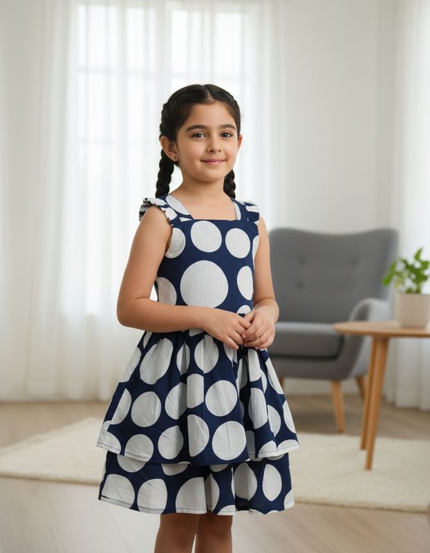 Navy Blue Polka Dot Cotton Frock