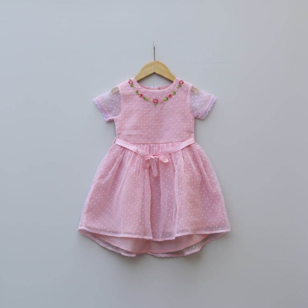 ​Pink Embroidered Net Party Frock for Baby Girls