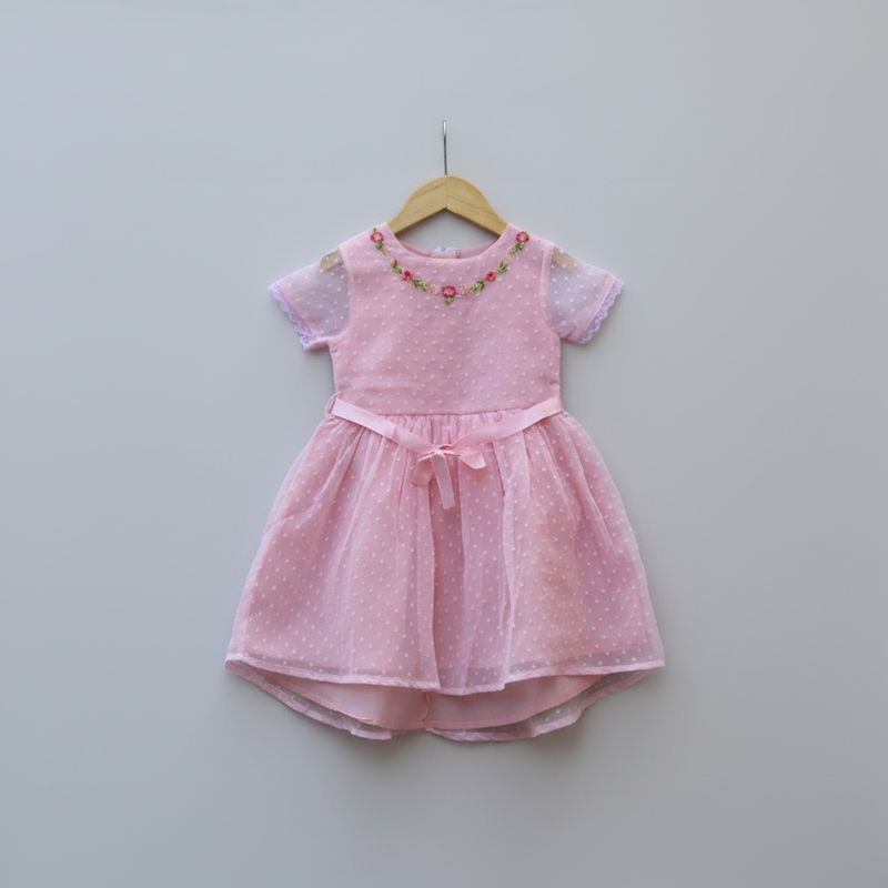 ​Pink Embroidered Net Party Frock for Baby Girls