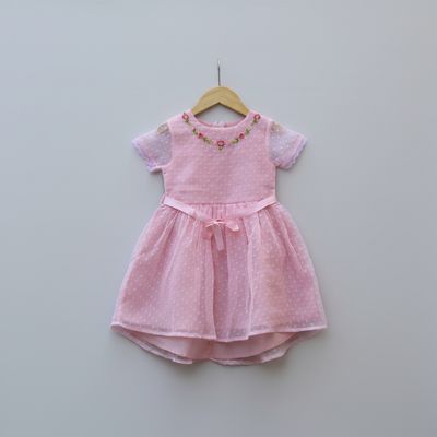 ​Pink Embroidered Net Party Frock for Baby Girls