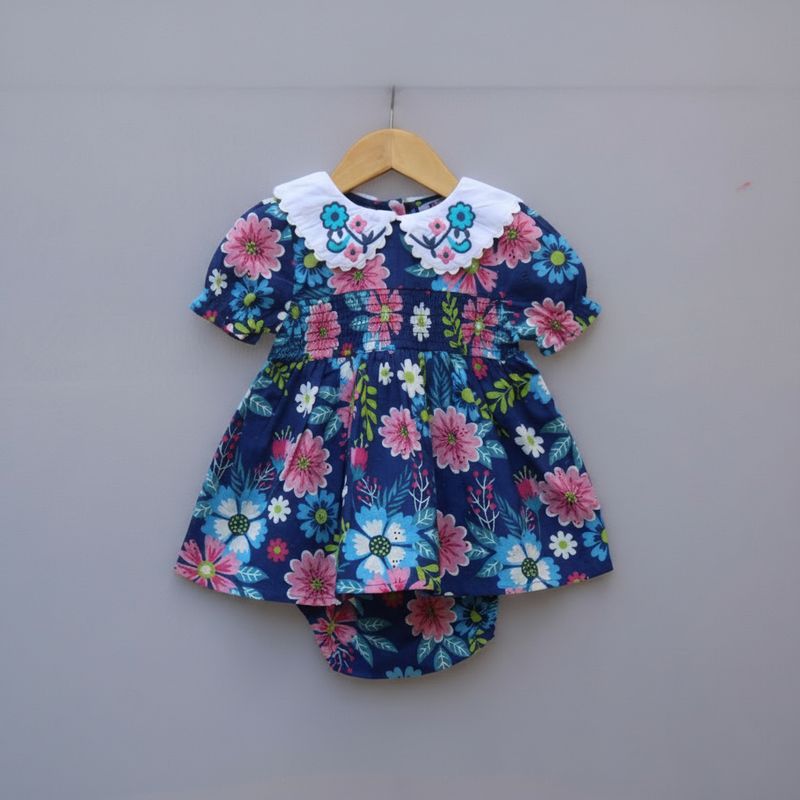 Navy Blue Floral Printed Cotton Baby Frock with Embroidered Collar