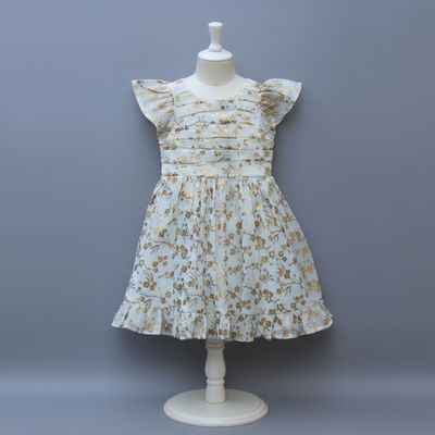 ​White and Golden Floral Print Party Frock ​White and Golden Floral Print Party Frock
