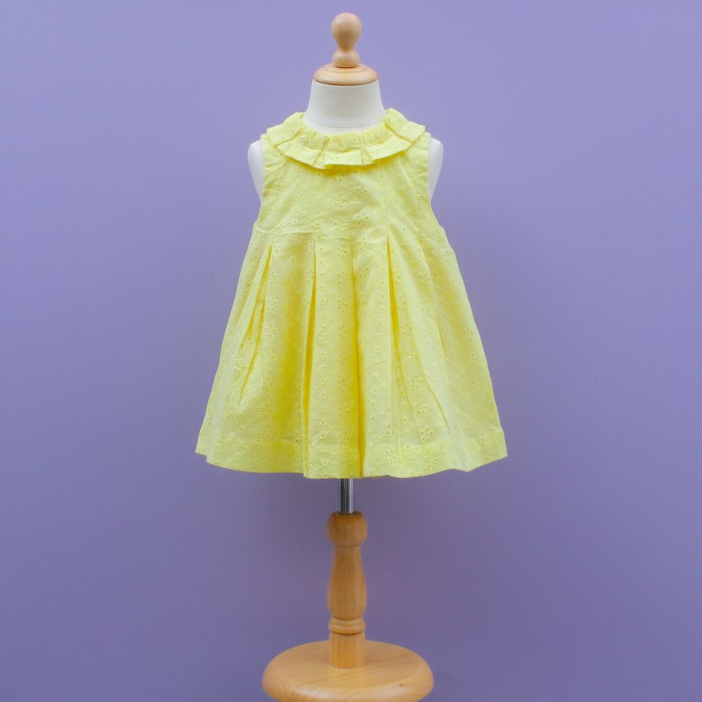 Yellow Sleeveless Cotton Frock with chikan Eyelet Design