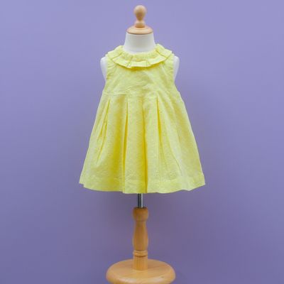 Yellow Sleeveless Cotton Frock with chikan Eyelet Design
