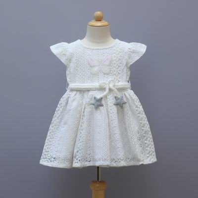 White cream Lace Party Wear Frock for Girls | Elegant Butterfly &amp; Star Design