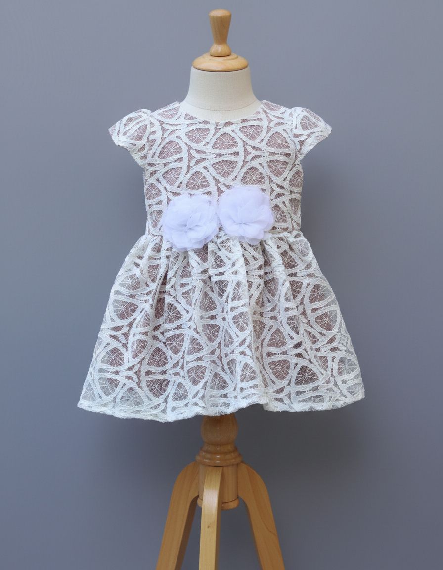 White Lace Party Dress with Floral Waist Detail