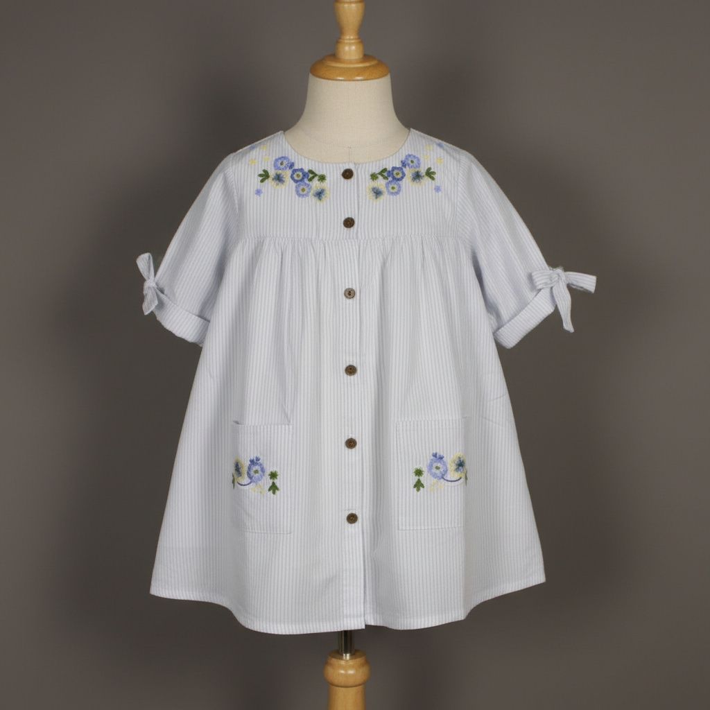 Light Blue Striped Cotton Dress – Embroidered Button-Down Frock