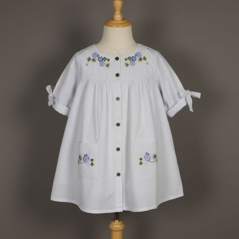 Light Blue Striped Cotton Dress – Embroidered Button-Down Frock