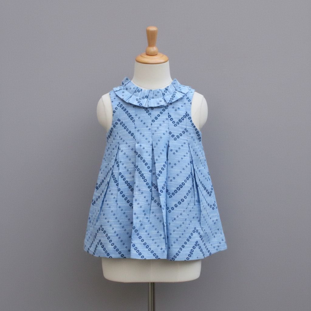 Light Blue Printed Sleeveless Pleated Frock for Girls