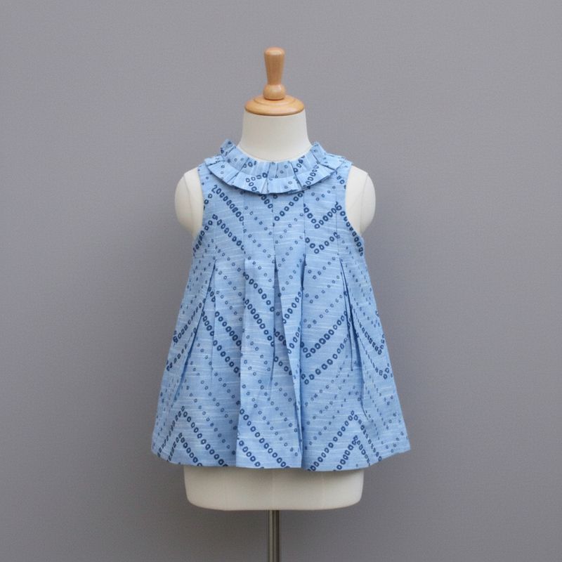 Light Blue Printed Sleeveless Pleated Frock for Girls