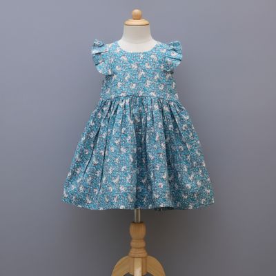 Blue Floral Printed Cotton Frock for Girls