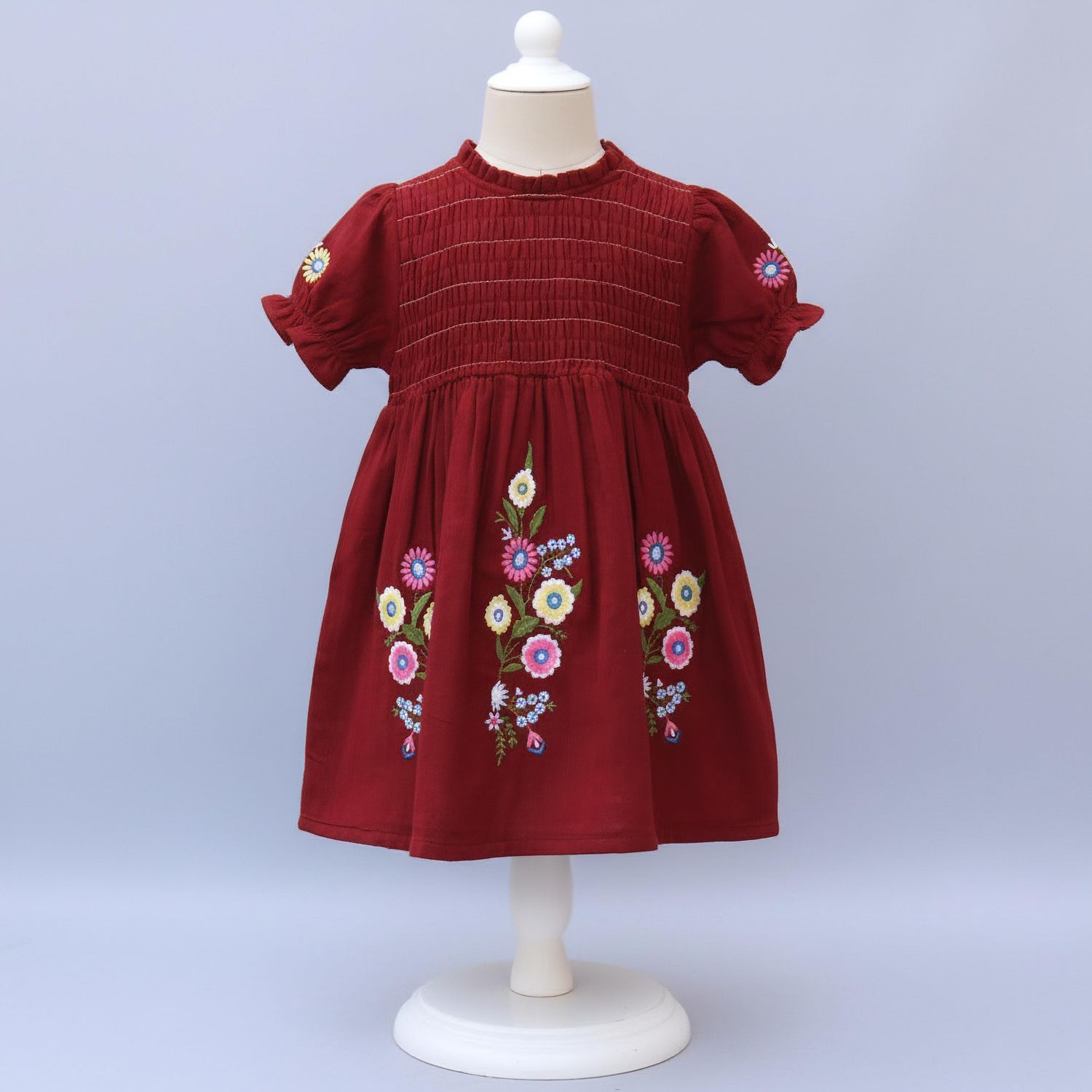 Maroon Embroidered Cotton Frock.
