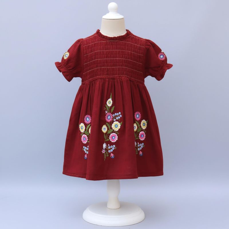 Maroon Embroidered Cotton Frock.