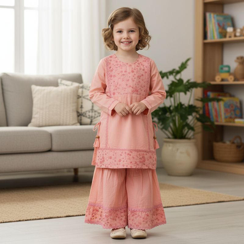 Girl Embroidered Sharara Set | 2-Piece Kurti &amp; Sharara Suit