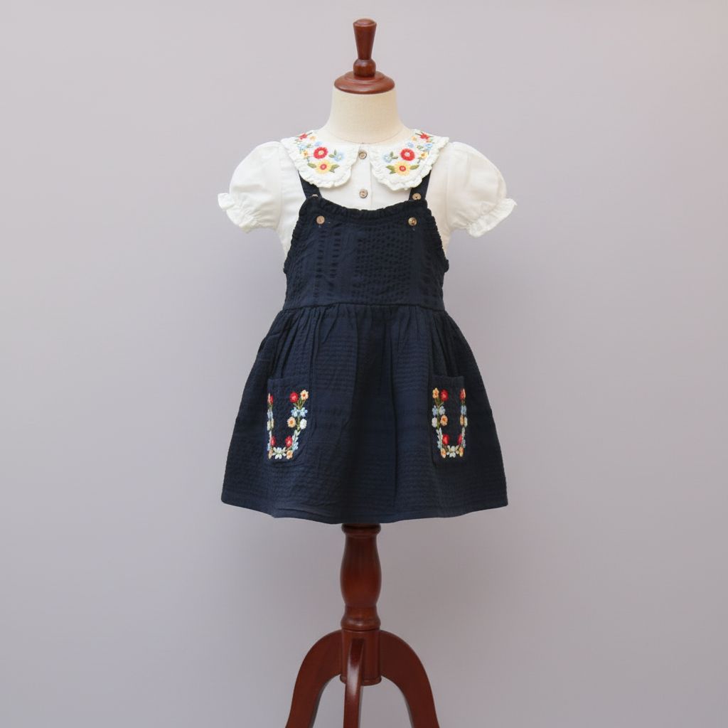 Deep Black Blue Embroidered Dungaree Dress Set