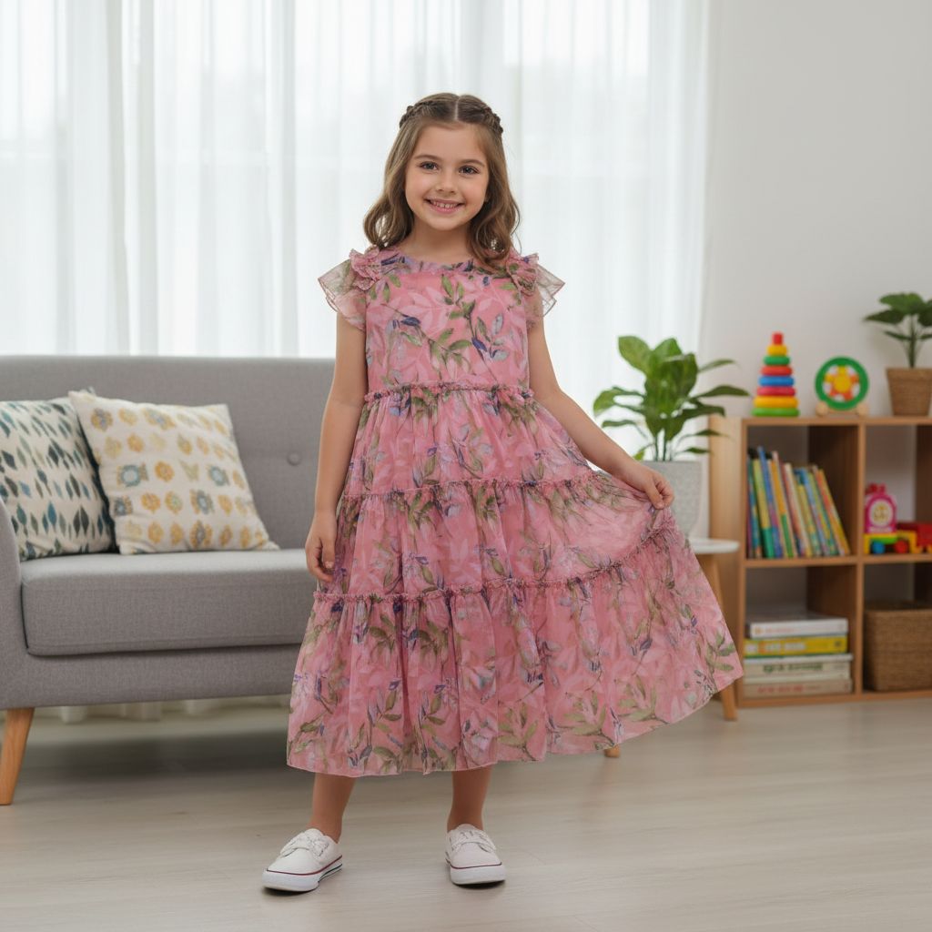 Girls Chiffon Floral Long Frock with inside cotton lined