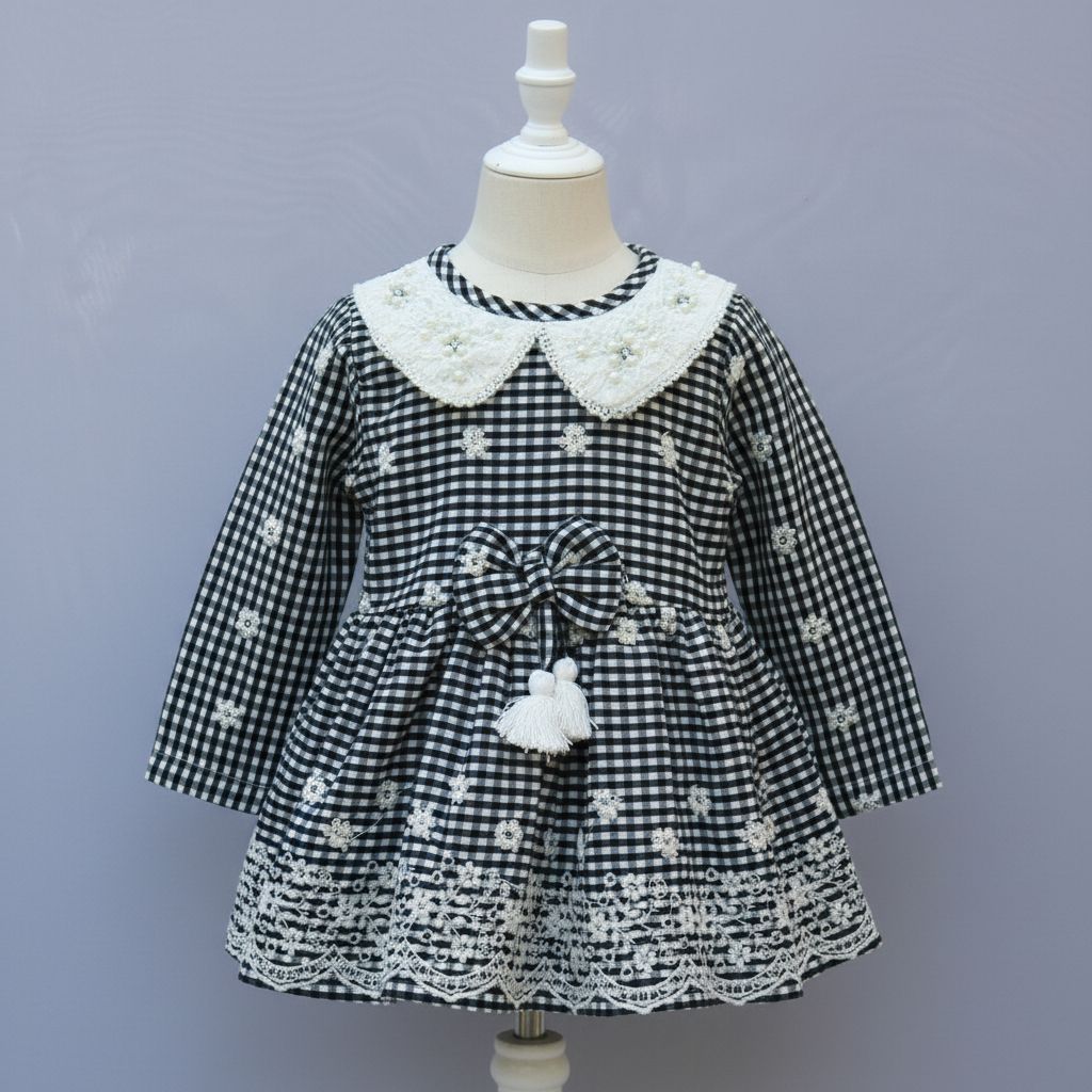 Long Sleeve Party Wear Frock with Lace Collar &amp; Bow