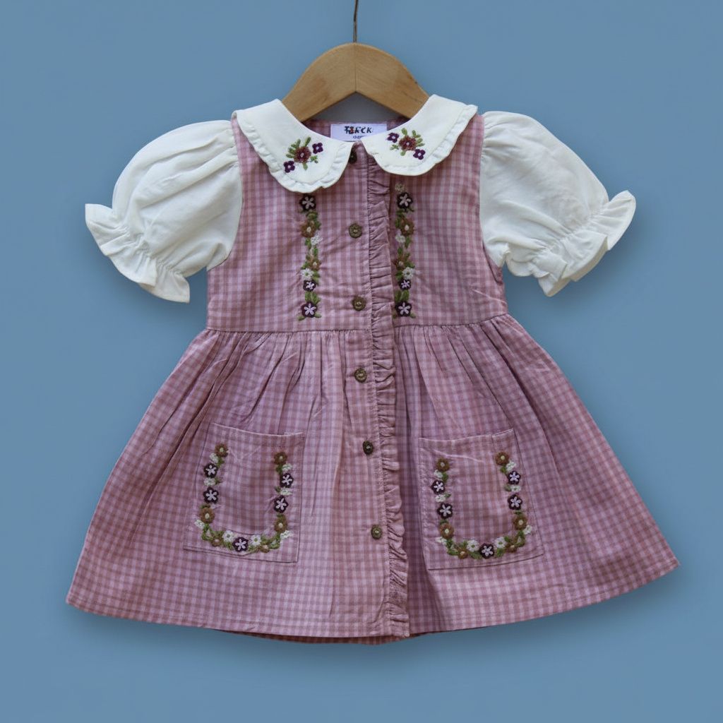 Gingham Embroidered Frock with Puff Sleeves