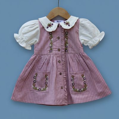 Gingham Embroidered Frock with Puff Sleeves