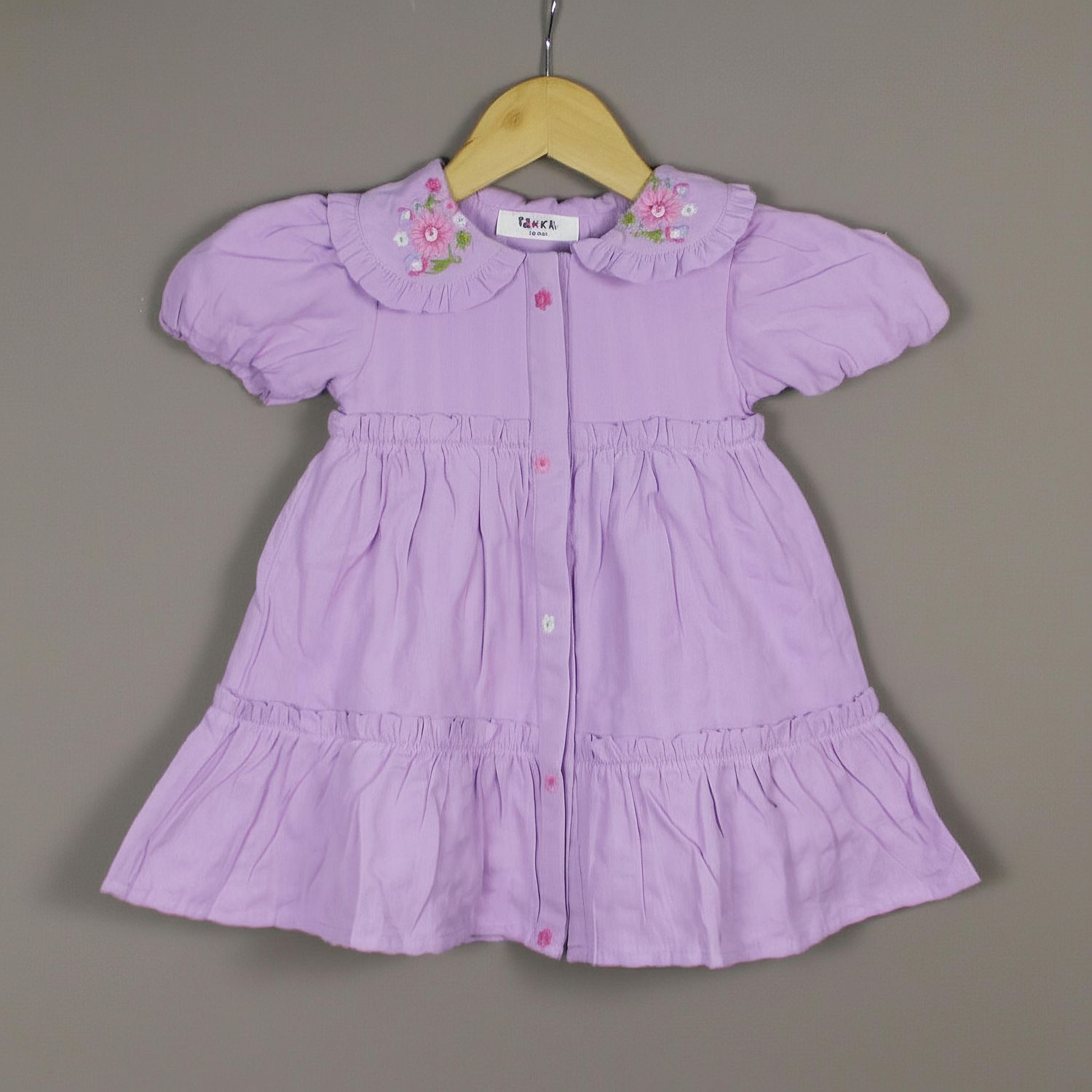 Lavender Frock | Embroidered Collar Dress with Puff Sleeves