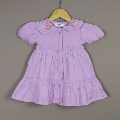 Lavender Frock | Embroidered Collar Dress with Puff Sleeves