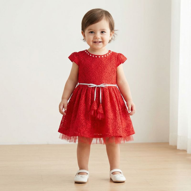 ❤️ Baby Girl Red Lace Party Dress – With Inner Comfort Lining