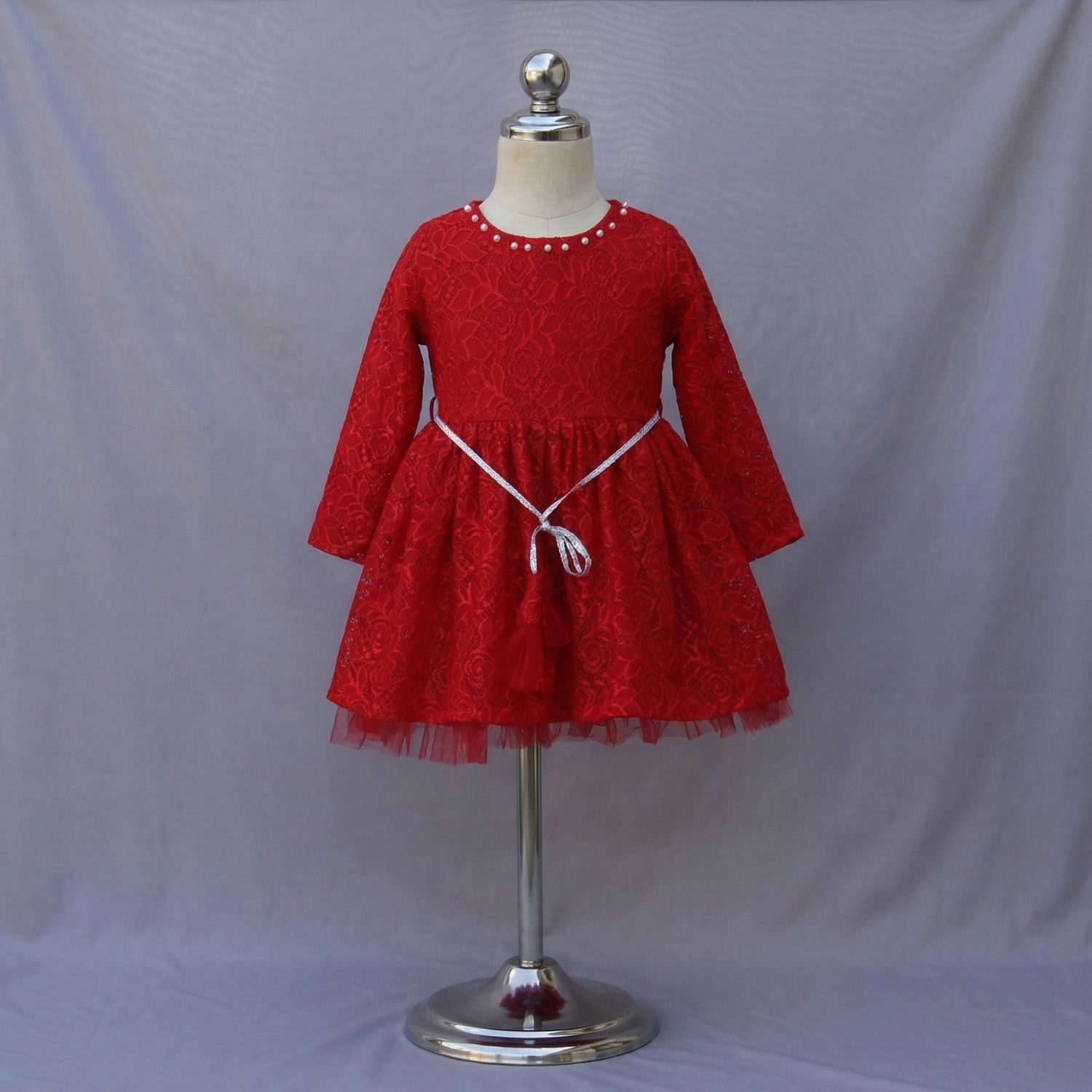 Red Long-Sleeve Lace Party Dress with Comfort Lining