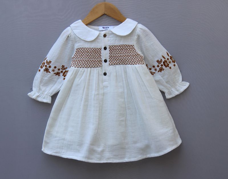 Off-White Embroidered Cotton Frock – Full Sleeve | Premium Comfort Wear