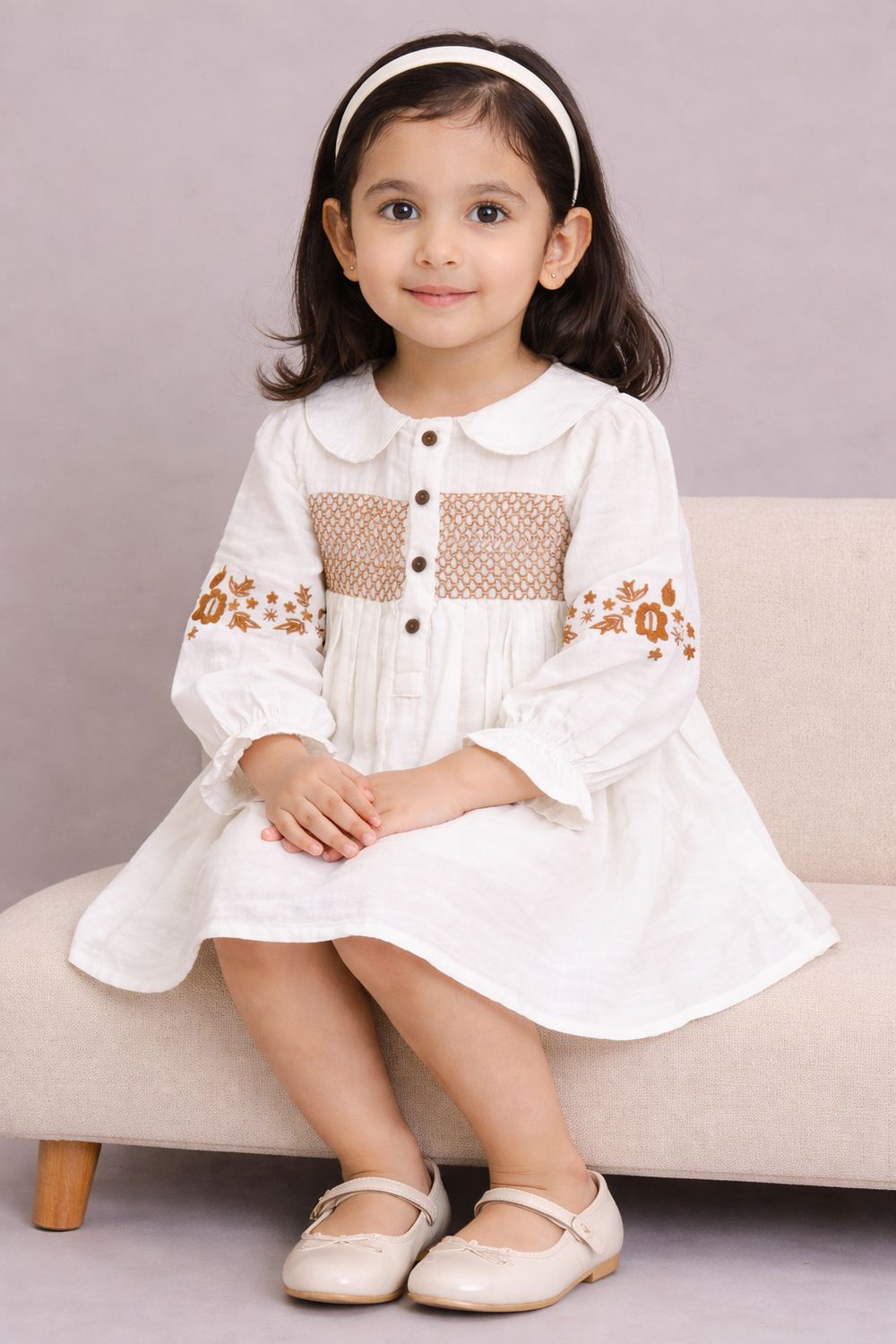 Off-White Embroidered Cotton Frock – Full Sleeve | Premium Comfort Wear