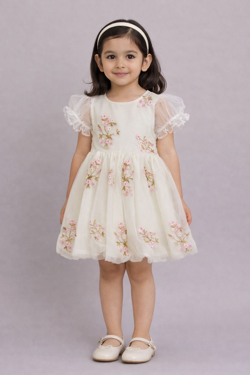 ✨ Premium Baby Girl Cream Floral Net Party Dress