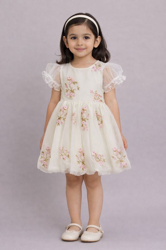 ✨ Premium Baby Girl Cream Floral Net Party Dress