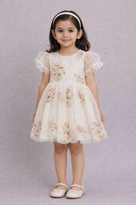 ✨ Premium Baby Girl Cream Floral Net Party Dress