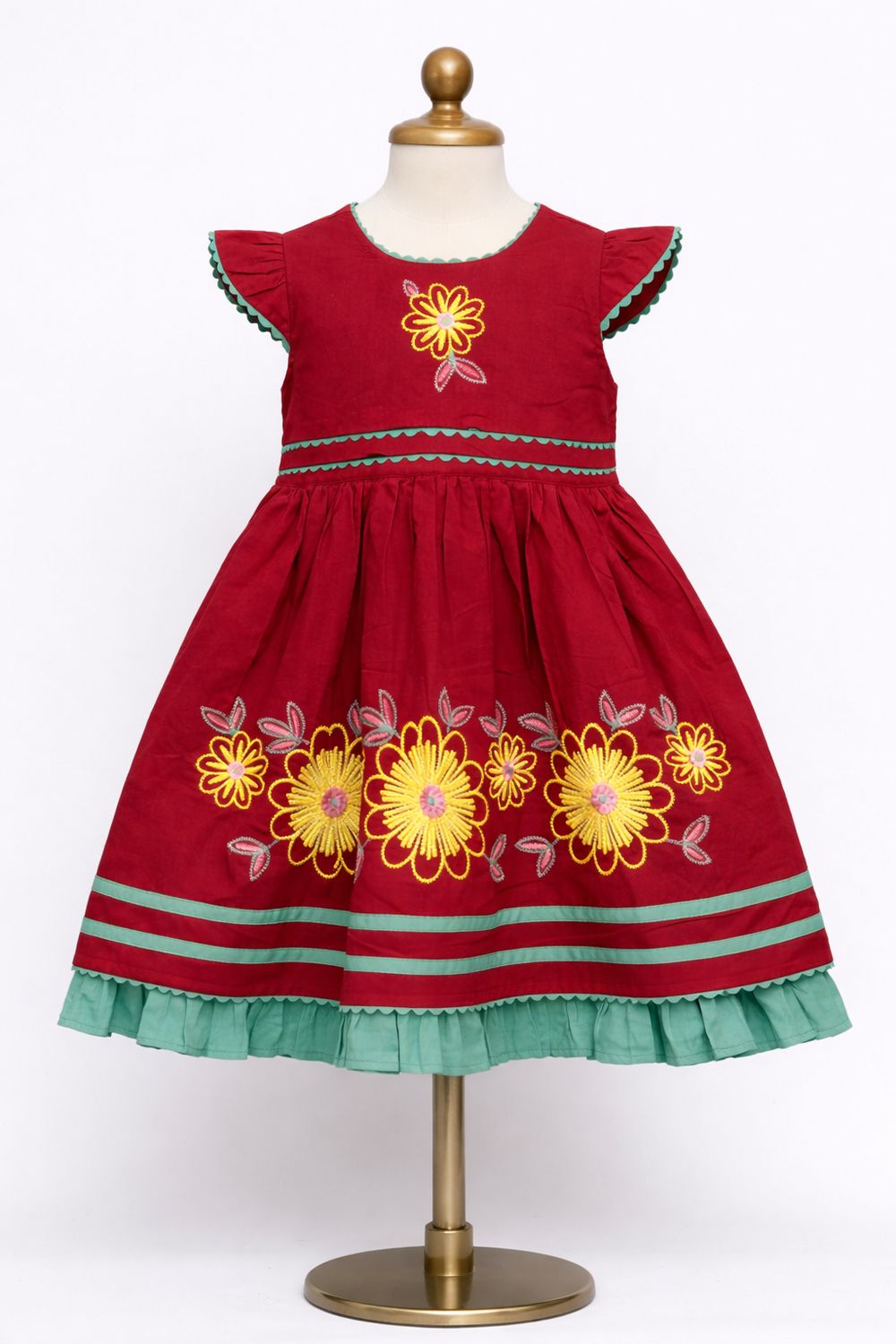 Maroon Floral Embroidered Cotton Frock for Girls