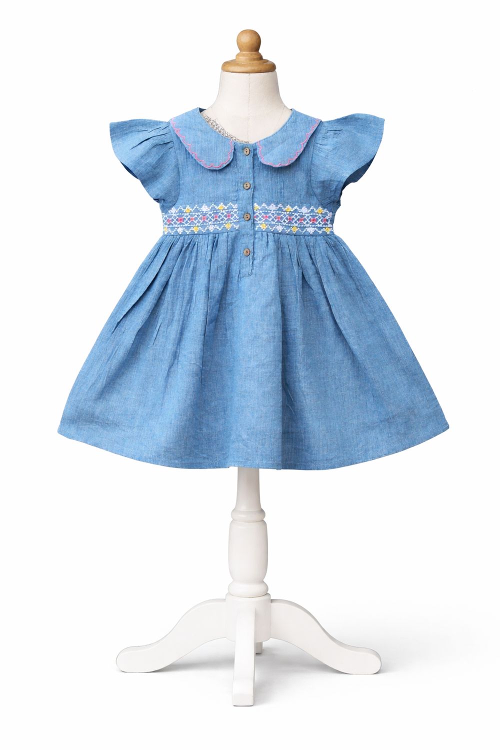 Denim-Look Cotton Frock with Embroidered Smocking