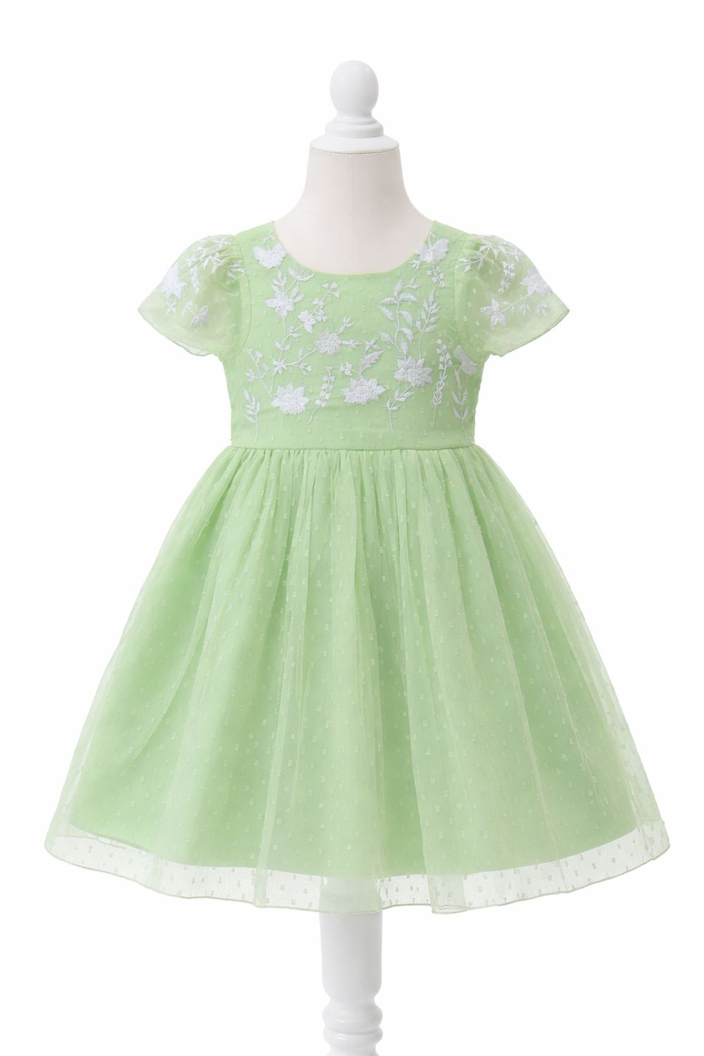 Girls Mint Green  Embroidered Net Dress