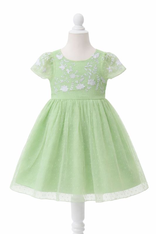 Girls Mint Green  Embroidered Net Dress