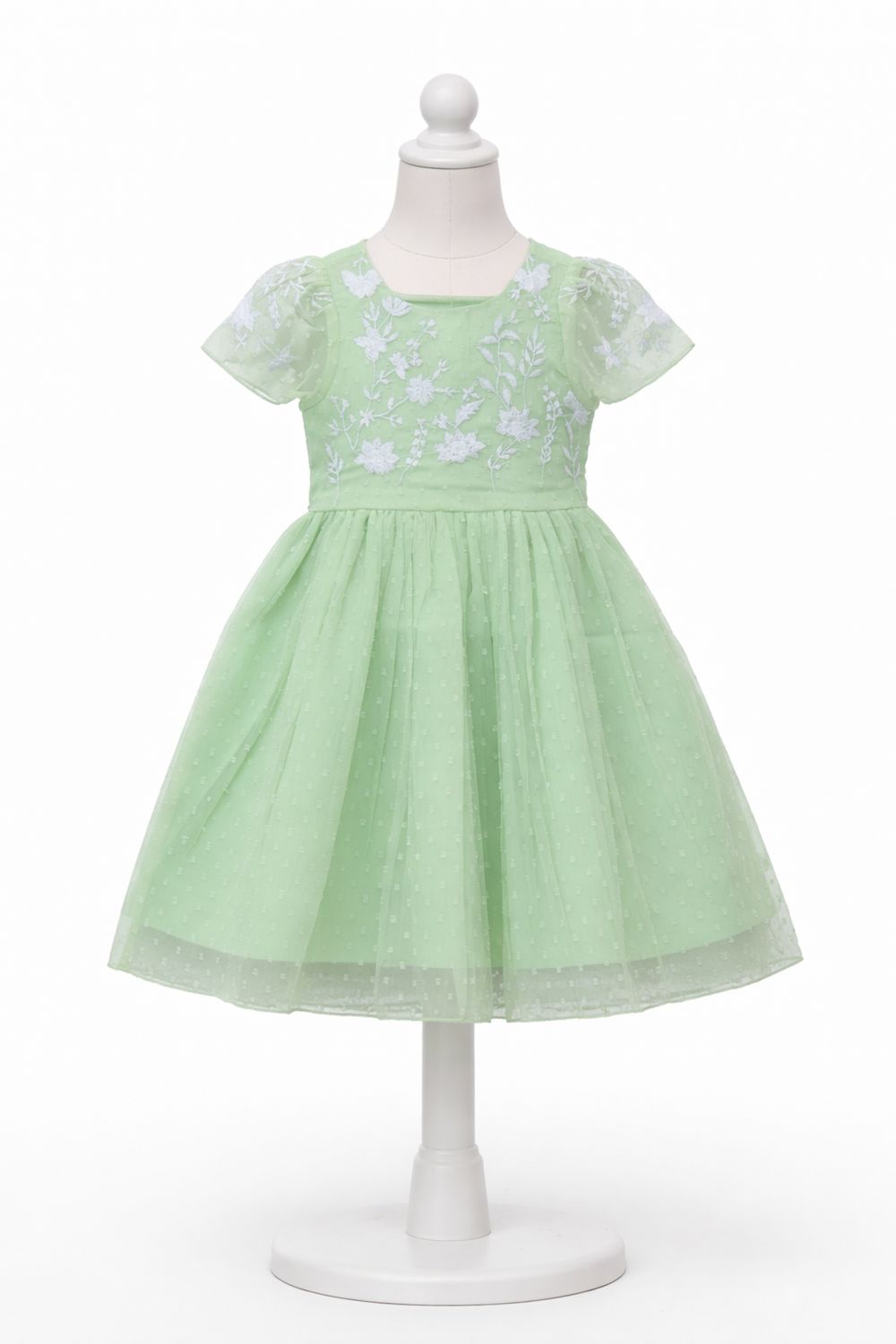 Girls Mint Green  Embroidered Net Dress