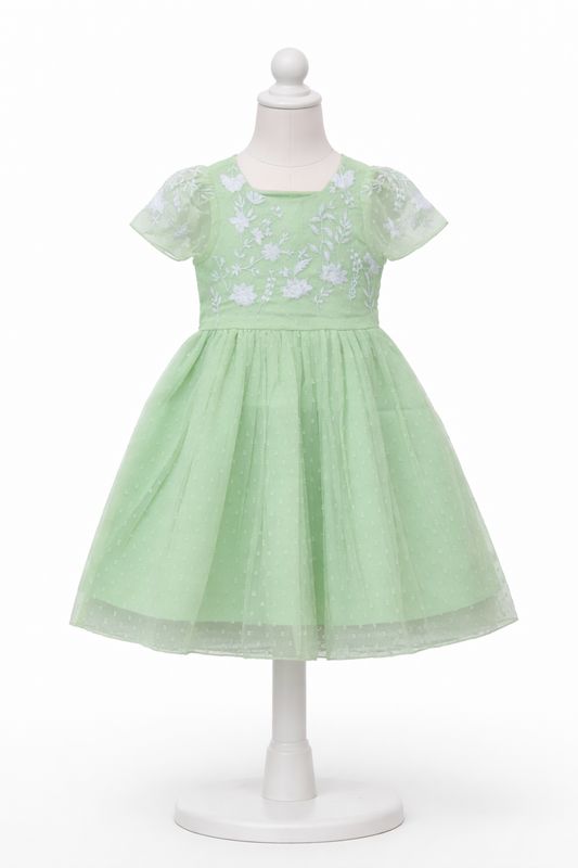 Girls Mint Green  Embroidered Net Dress