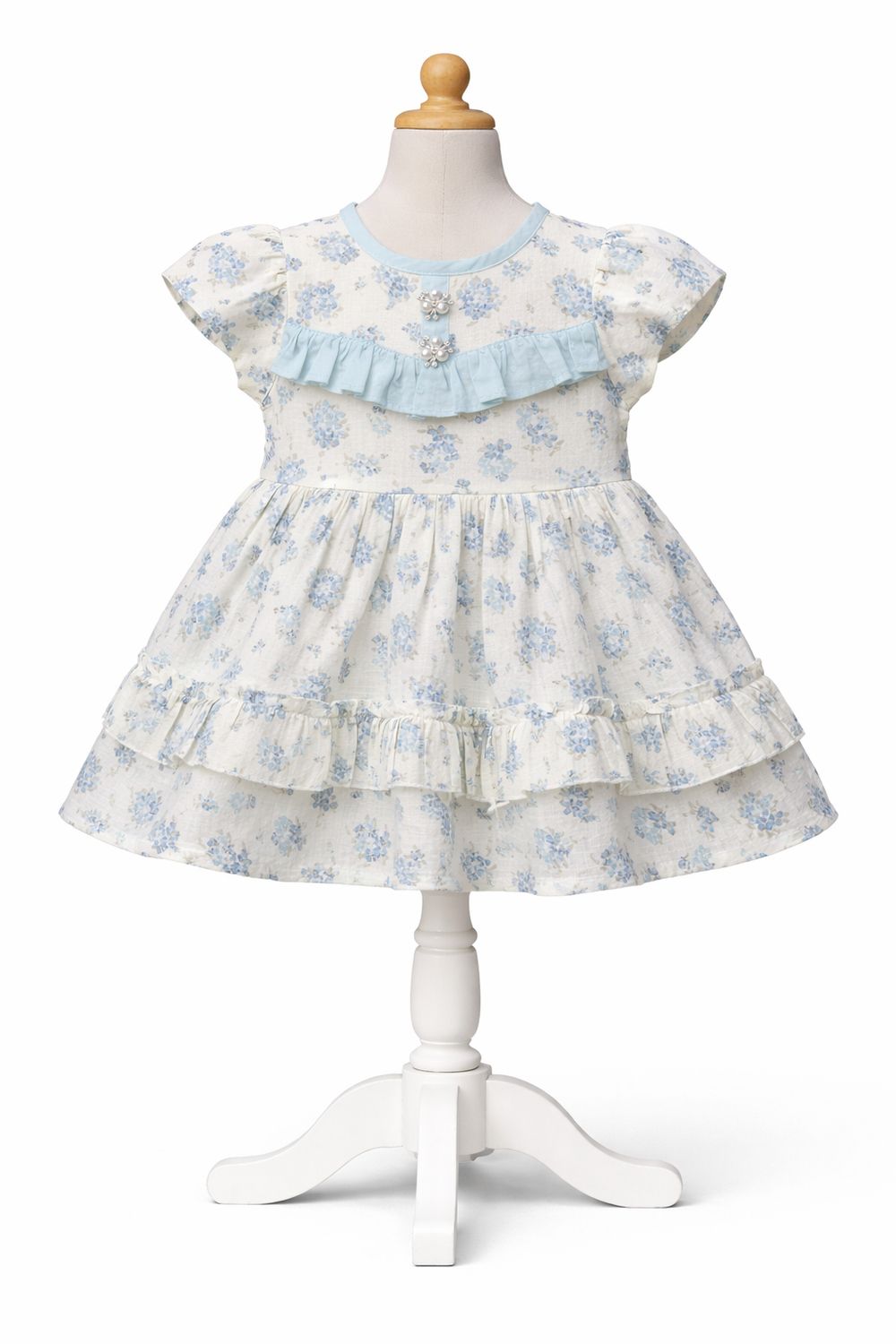 🌸 Baby Girls Floral Cotton Dress (Blue &amp; White)