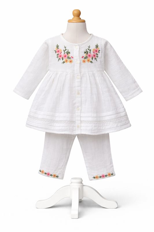 🌸 Baby Girls White Cotton Embroidered Co-Ord Set (Top &amp; Pants)