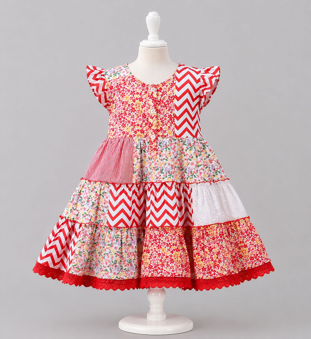 ​❤️ Baby Girls Red Patchwork Floral Dress (Multi-Print Layered Style)